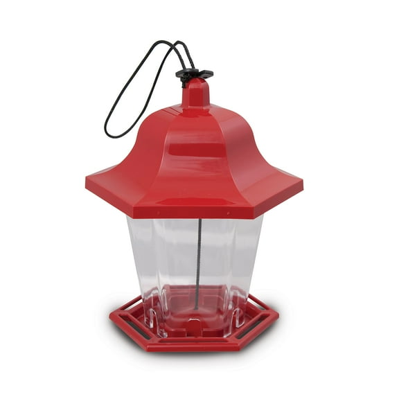 Songbird Lantern Bird Feeder for Outdoor Garden, Durable Plastic Hanging Feeder with Raised Seed Divider, Holds 1 lb, Red