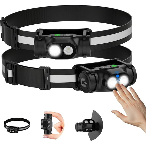 LED Headlamp Rechargeable, 1200 Lumen Super Bright Headlamp Flashlight, 270° Wide Beam LED Headlamps with Red Taillight, 8 Mode Lightweight Waterproof Head Lamp