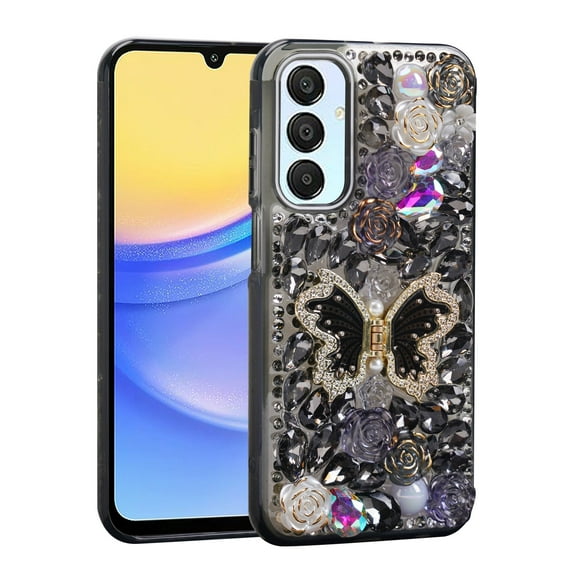 For Samsung Galaxy A15 / SM-A155 Luxury Diamond Rose 3D Butterfly Kickstand Design With Strap Raised Lip Screen Camera Protection Shockproof Case Cover Black