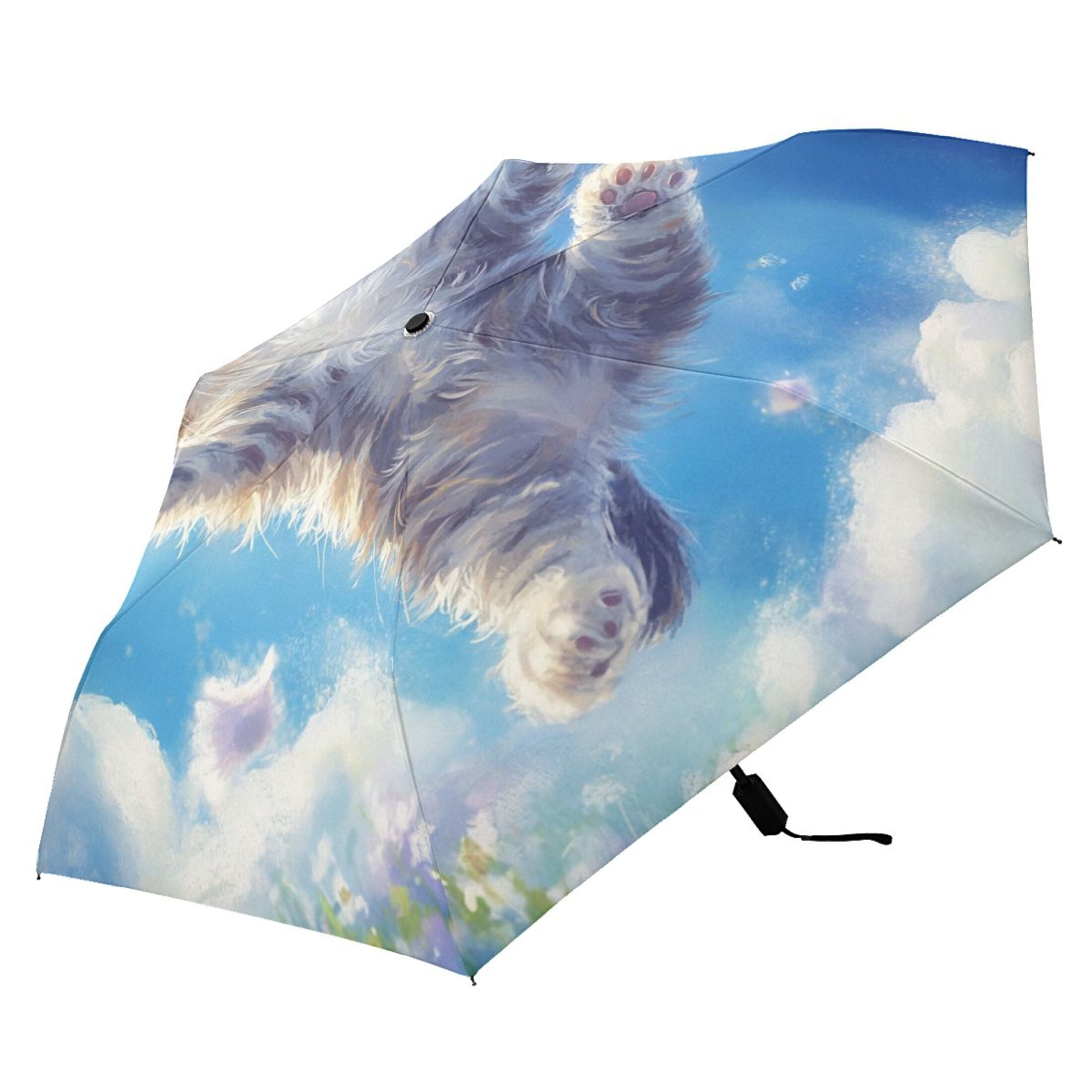 Cute Cats Flying on Floral Field All Weather Umbrella Triple Folding Parasol 6 Ribs UV Protection Portable