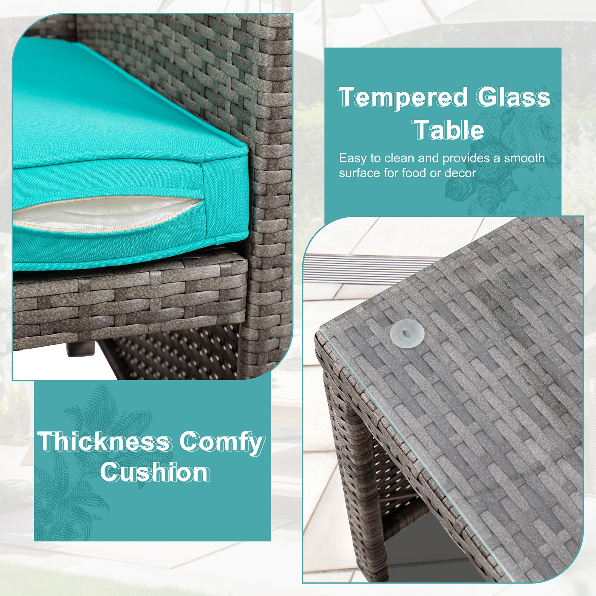 Walsunny Outdoor Patio Rattan Wicker Furniture Conversation Set 4 Piece with Cushions Tempered Glass Tabletop,Blue