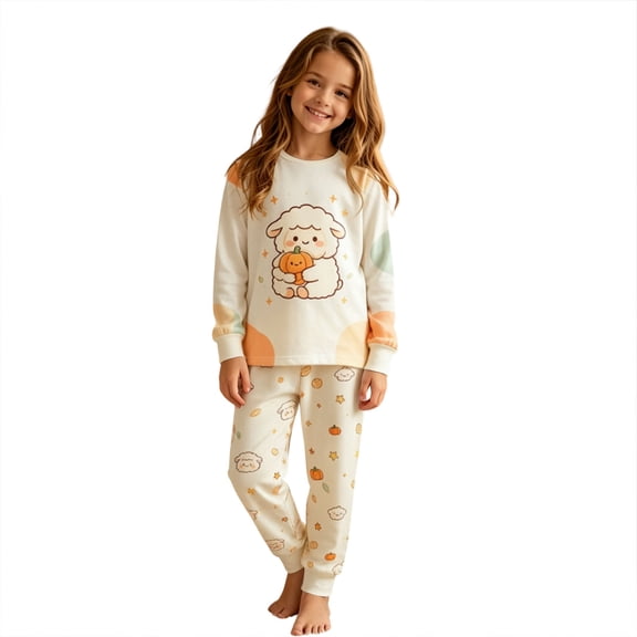 Baby Girl Pajamas 2 Piece Halloween Stylish Print Crew Neck Long Sleeve Top And Trousers Homewear Pjs for Girls Size 3-4 Years