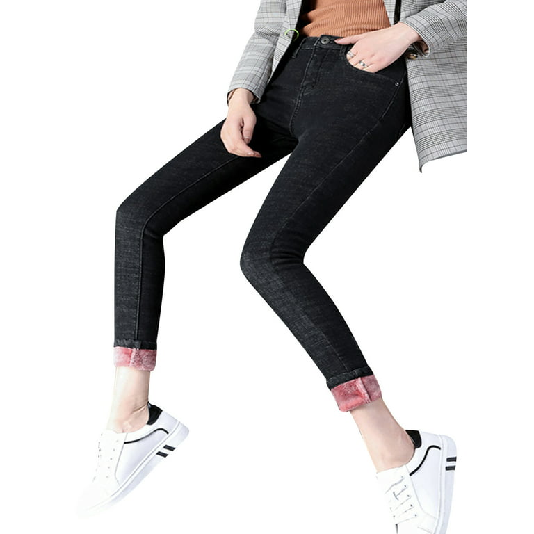 Listenwind Womens Warm Fleece Lined Jeans Stretch Skinny Winter Thick  Jeggings Denim Long Pants Pink Gray