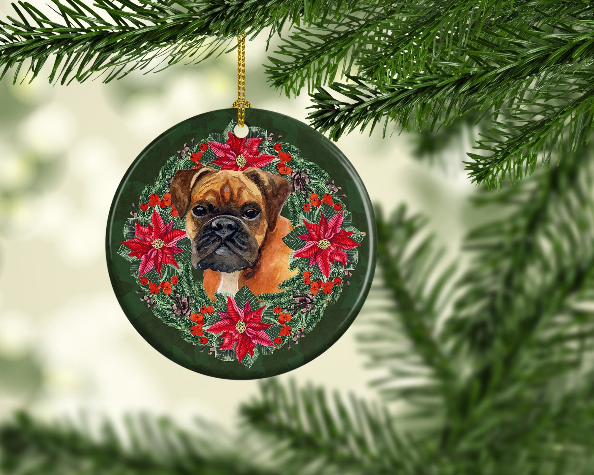 German Boxer Poinsetta Wreath Ceramic Ornament 2.8 in x 2.8 in