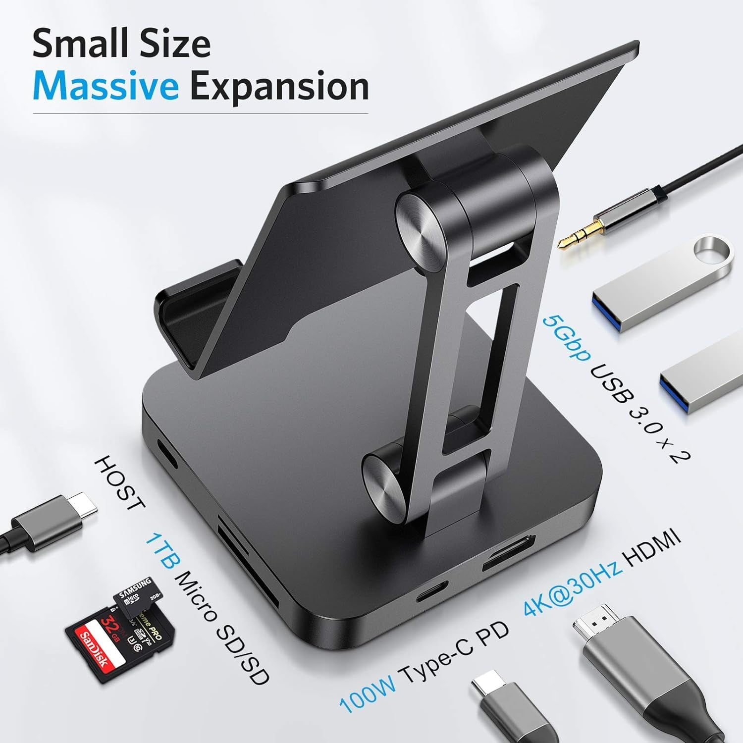 7-in-1 USB C Hub Stand: 4K@30Hz HDMI, 100W Power Delivery, Micro SD Card Reader, 5Gbps USB 3.0, Headphone Jack - Adjustable Type C Hub for iPad Pro, Mac, Chromebook, Tablet, and Phone