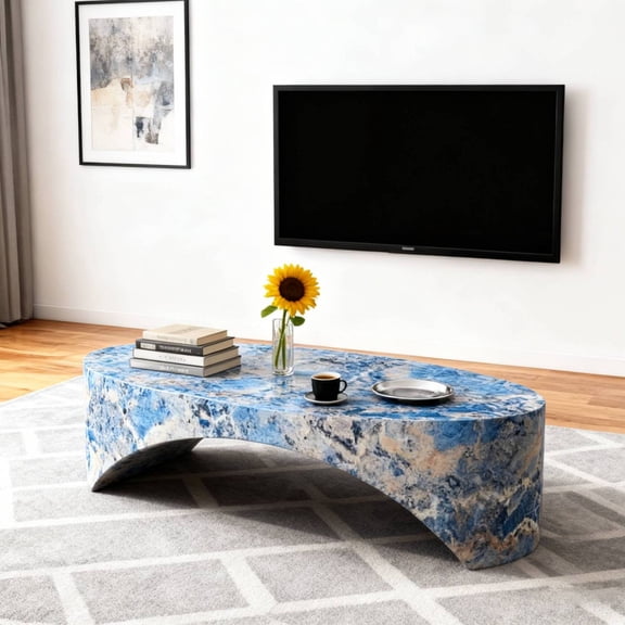 Lisonu Modern Oval Fiberglass Coffee Table, Artistic Blue Pebble Shape, Glossy Low Profile Centerpiece for Living Room, 43 Inch, No Assembly