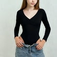thumbnail image 3 of HAOTAGS Teen Girls V-Neck Long-Sleeve Leotard(3-15), Casual Sporty Spring Summer Base-Layer Top Black 14-15Years, 3 of 7