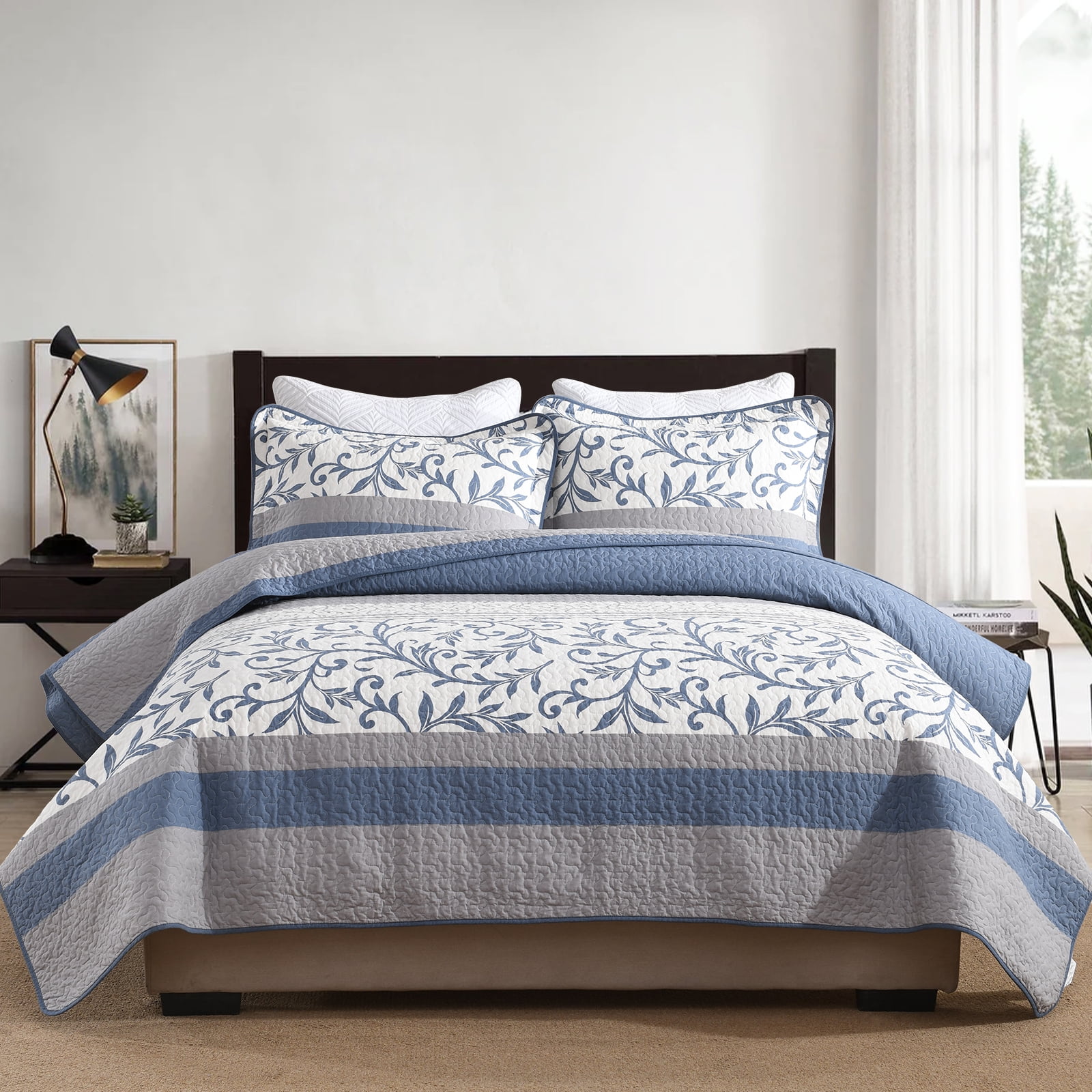 PANGUSHAN 100% Cotton King Quilt Set, Floral Striped Patterns King Size Quilt Bedding Set Bedspreads, Reversible Quilted Lightweight Comforter, Blue/Gray/White Bed Spread for King Bed, 3pcs