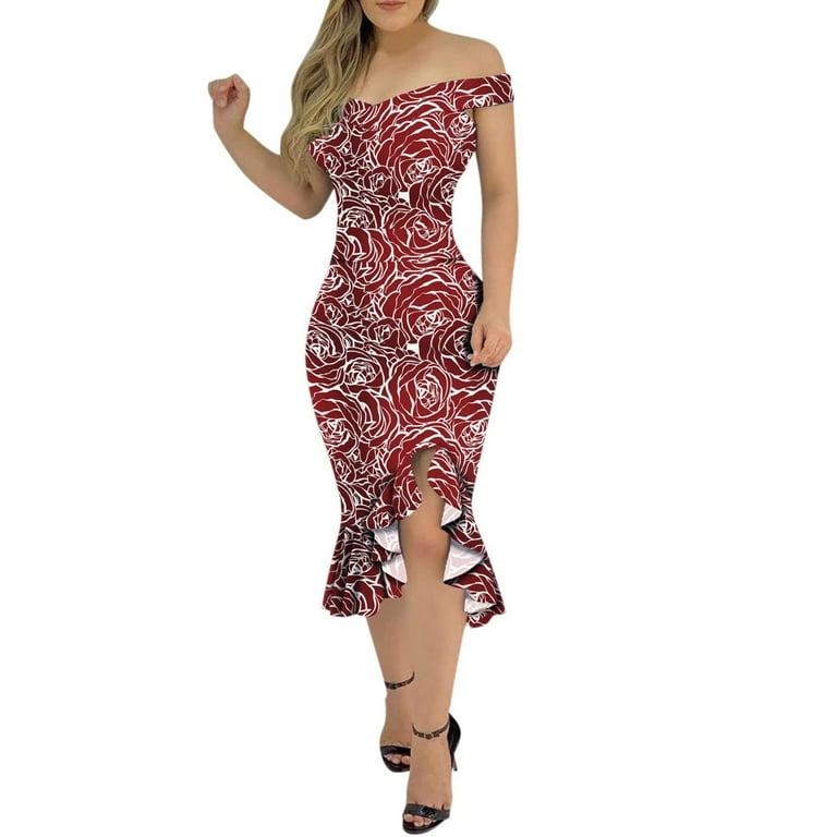 Olyvenn Sales Hip Wrap Dresses for Women Floral Print Ruffle Slit Below The Knee Fashion Sleeveless Summer Dress Slim Fit Tight Skinny Summer Tunic Sexy Off Shoulder Female Leisure Red 8