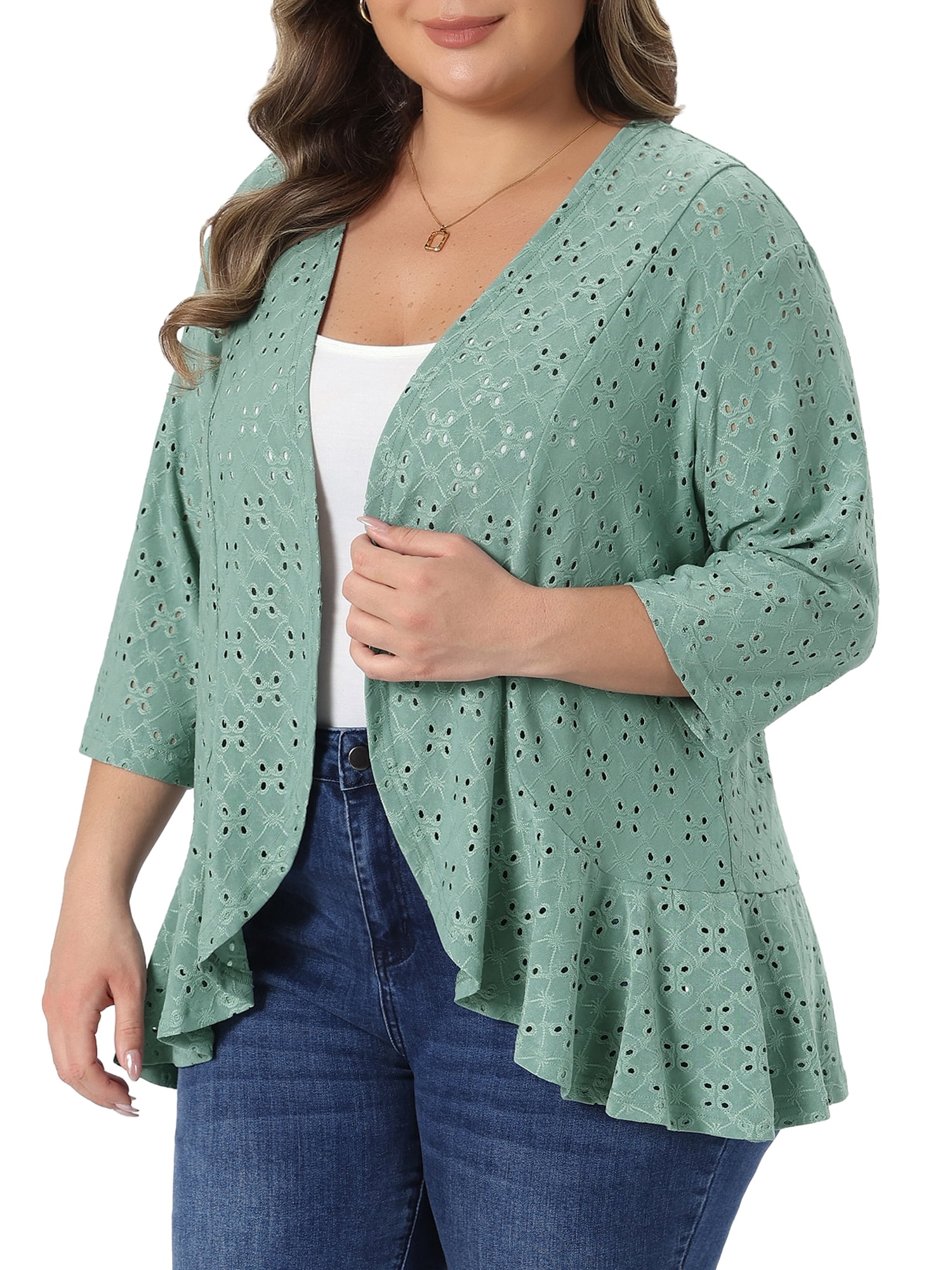 DARING DIVA Women's Plus Open Front 3/4 Sleeve Draped Ruffle Cover Up 3X Green