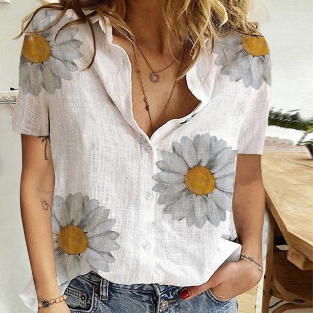 Babysbule Hauts en Solde pour Femmes Mode Décontractée Été Manches Courtes Chemise Boutonnée Imprimée Blouse