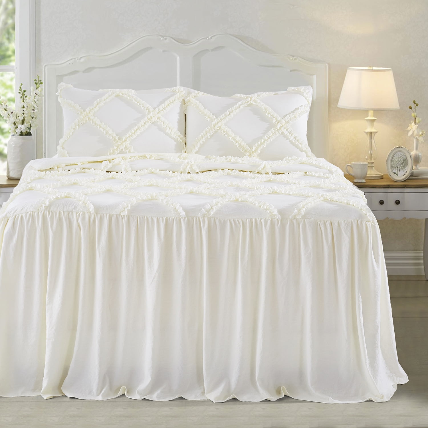 Homechoice 3Piece Shabby Chic Queen Ruffle Skirt Bedspread Ivory 30