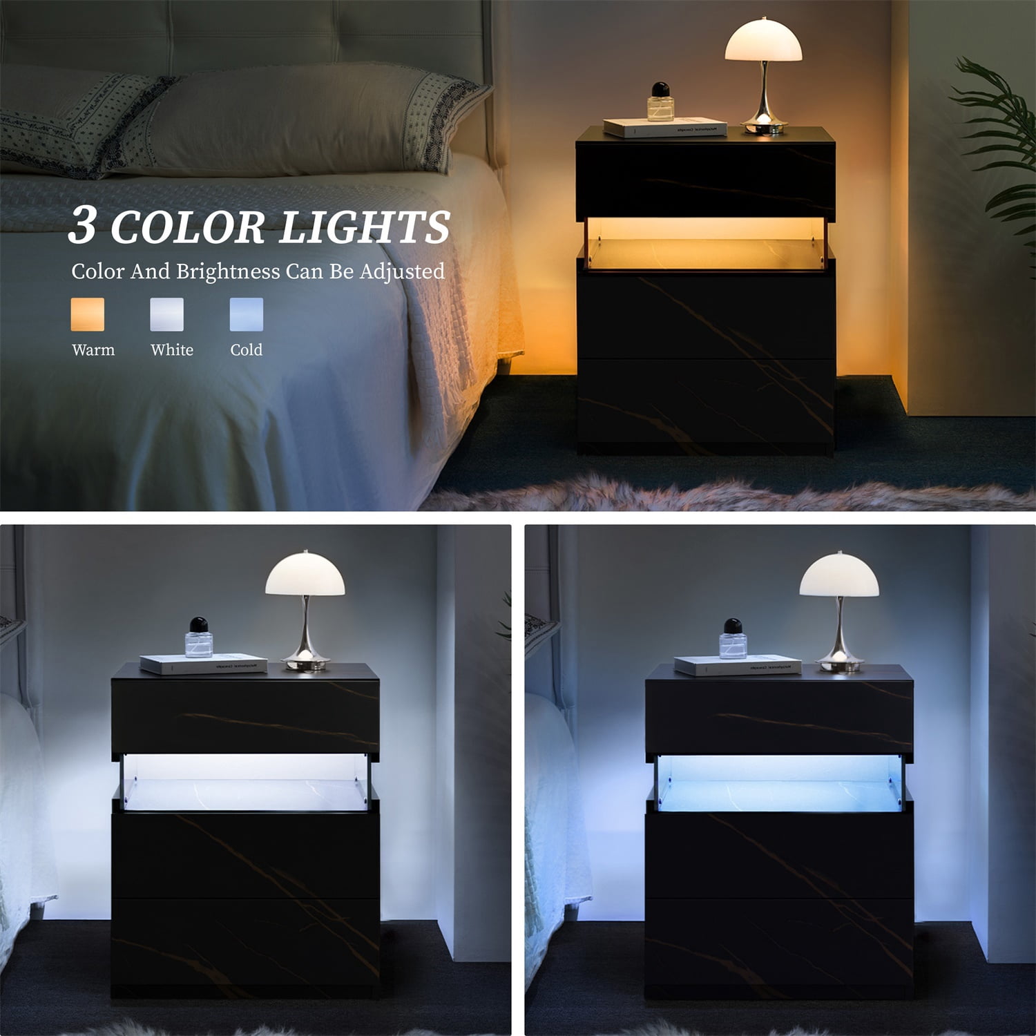 Hommoo 3 Drawer Dresser LED Nightstands, End Table Bedside Tables for Bedroom, Living Room, Black Gold