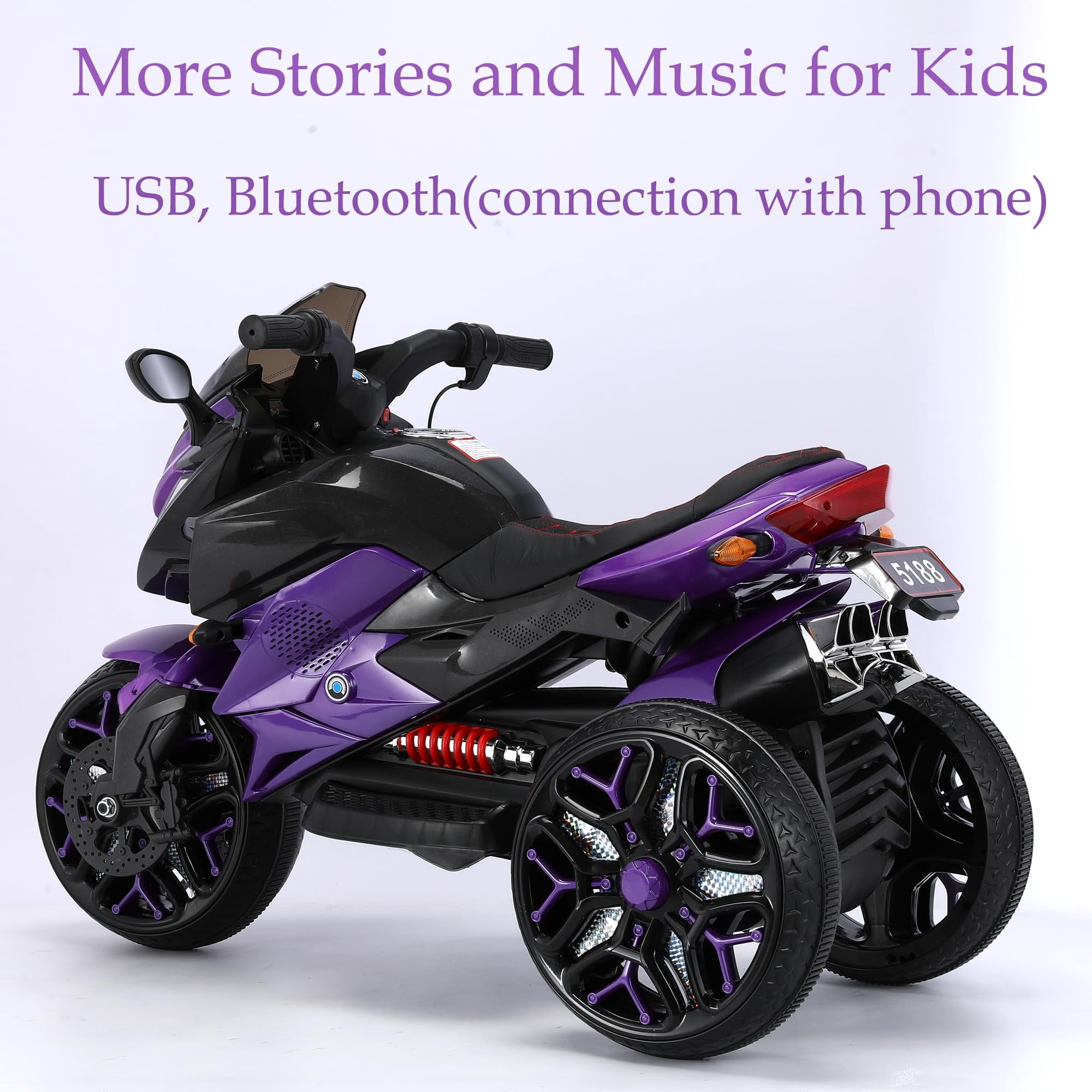 HappyToysWorldKids Electric Motorcycle 3 Wheels, Ride On Toy with App Control & Music, Light-Up Wheels for Boys Girls Ages 3-8, Battery Powered Motorbike with Safety Training Wheels