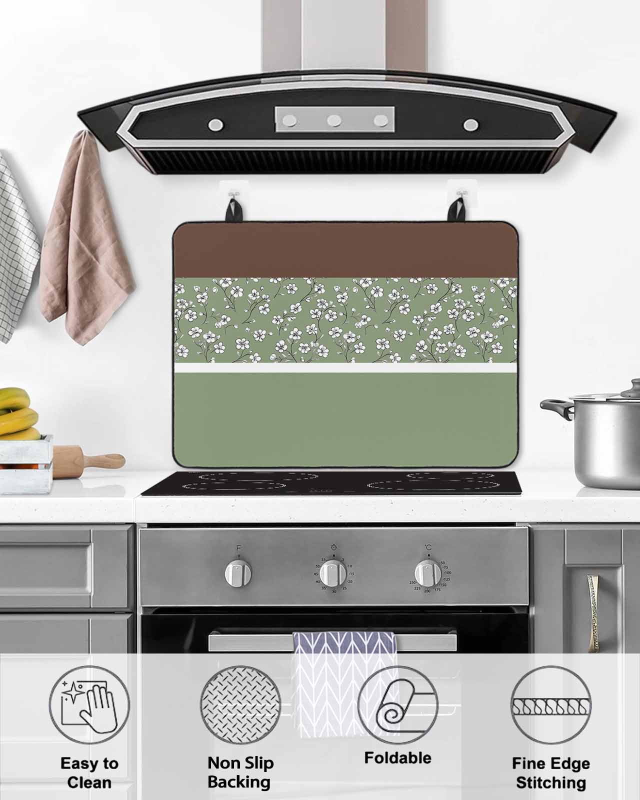 nqOlkjepod Large Induction Cooktop Protector Mat 24"x21", Sage Green Brown Flowers Stove Top Covers for Electric Stove, Classic Botanical Art Elegant Stove Burner Cover Mats, Glass Top Stove Cover