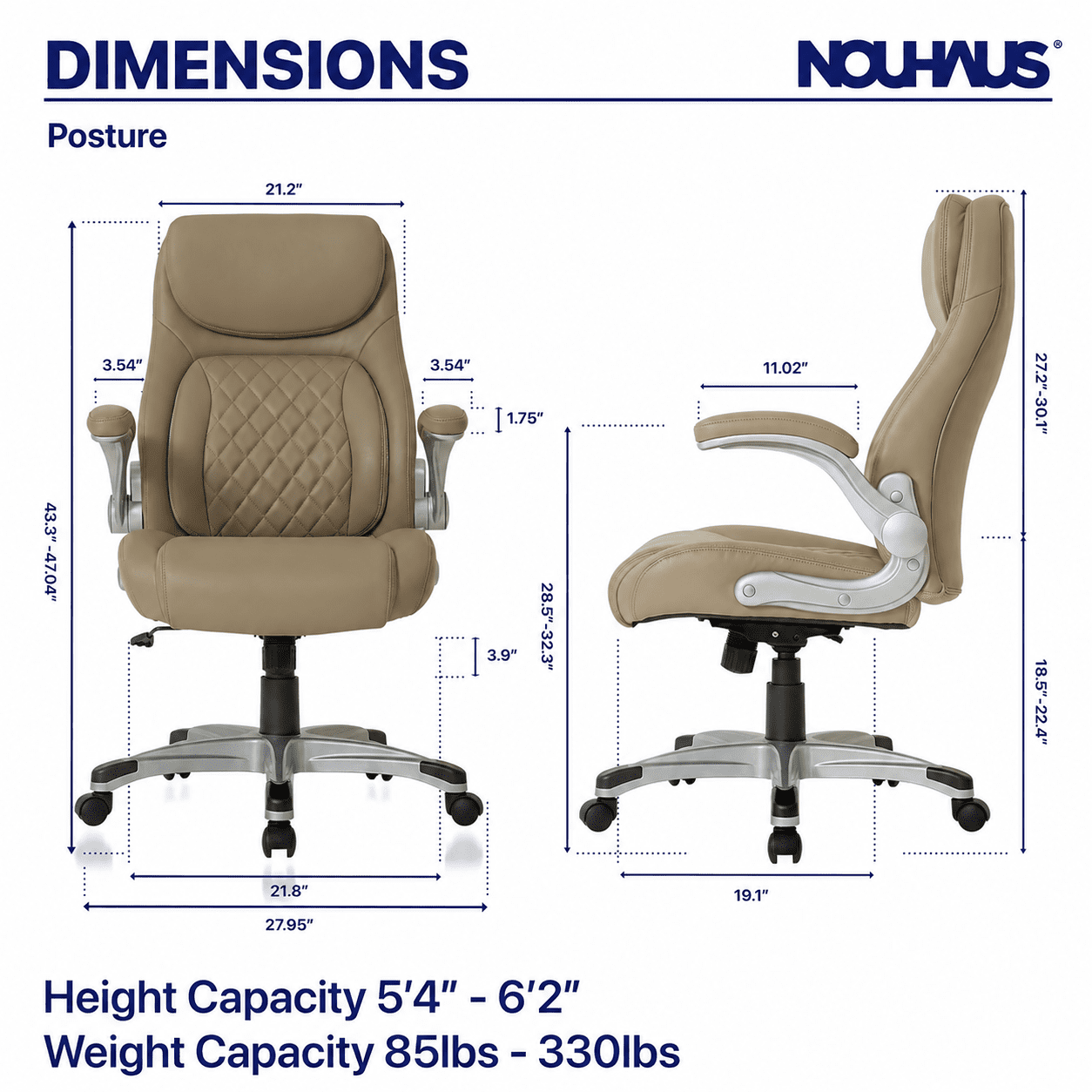 Nouhaus Posture Ergonomic PU Leather Office Chair. Click5 Lumbar Support with Flip-Up Arms. Modern Executive Chair and Computer Desk Chair