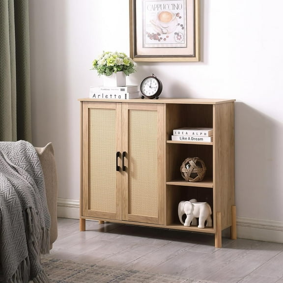 Storage Cabinet, Bathroom Cabinet with Rattan Doors, Bathroom Floor Cabinet with Open Storage & Adjustable Shelf, Coffee Bar, Storage Cabinet for Living Room, Bedroom, Entryway, Natural