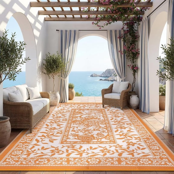 9x12 Outdoor Rug Waterproof Foldable Cottagecore Botanical Patio Rug Orange