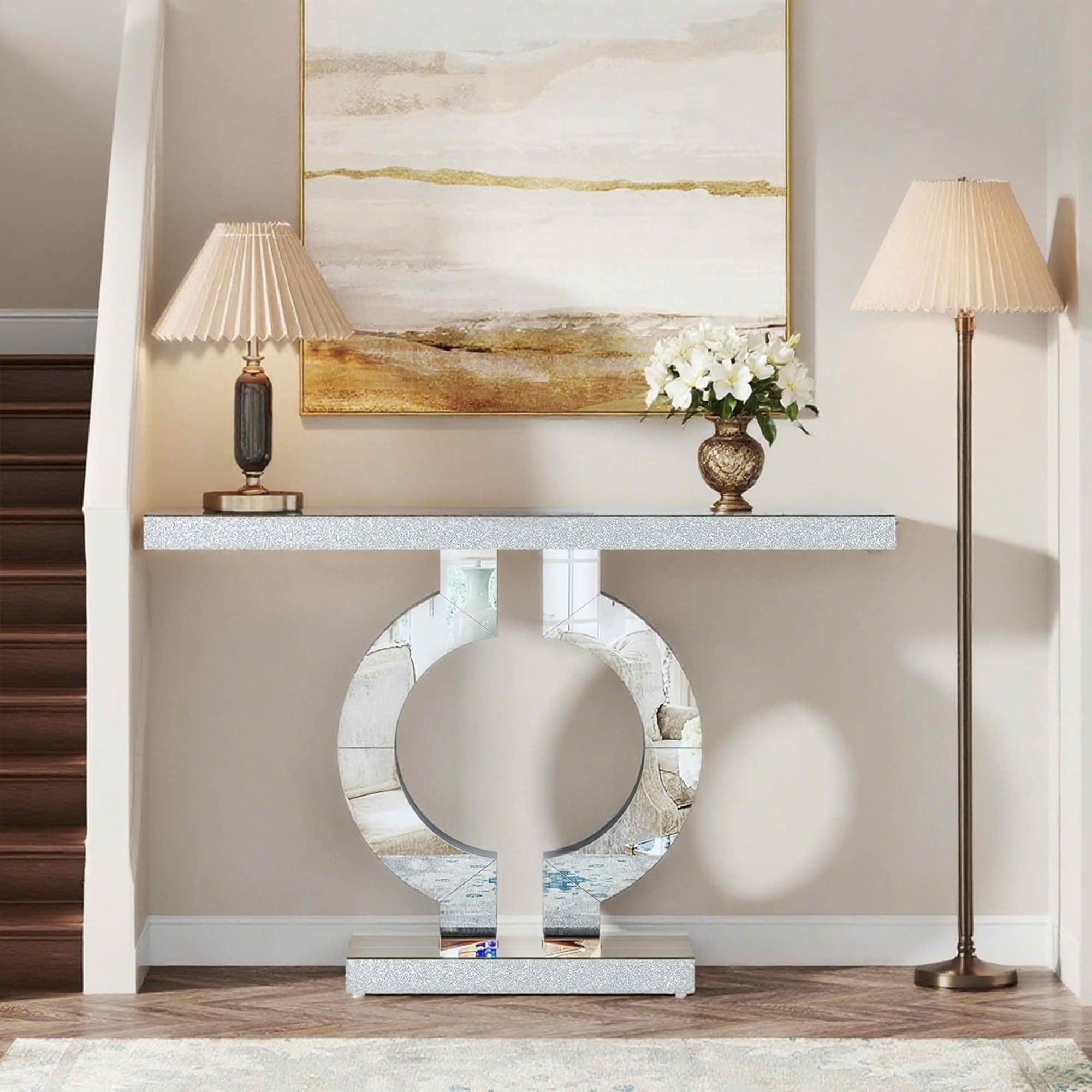 MAYEERTY 43" Modern Mirrored Console Table, Shiny Acrylic Veneer O-Shaped Silver Sofa Table for Entryway Living Room Bedroom