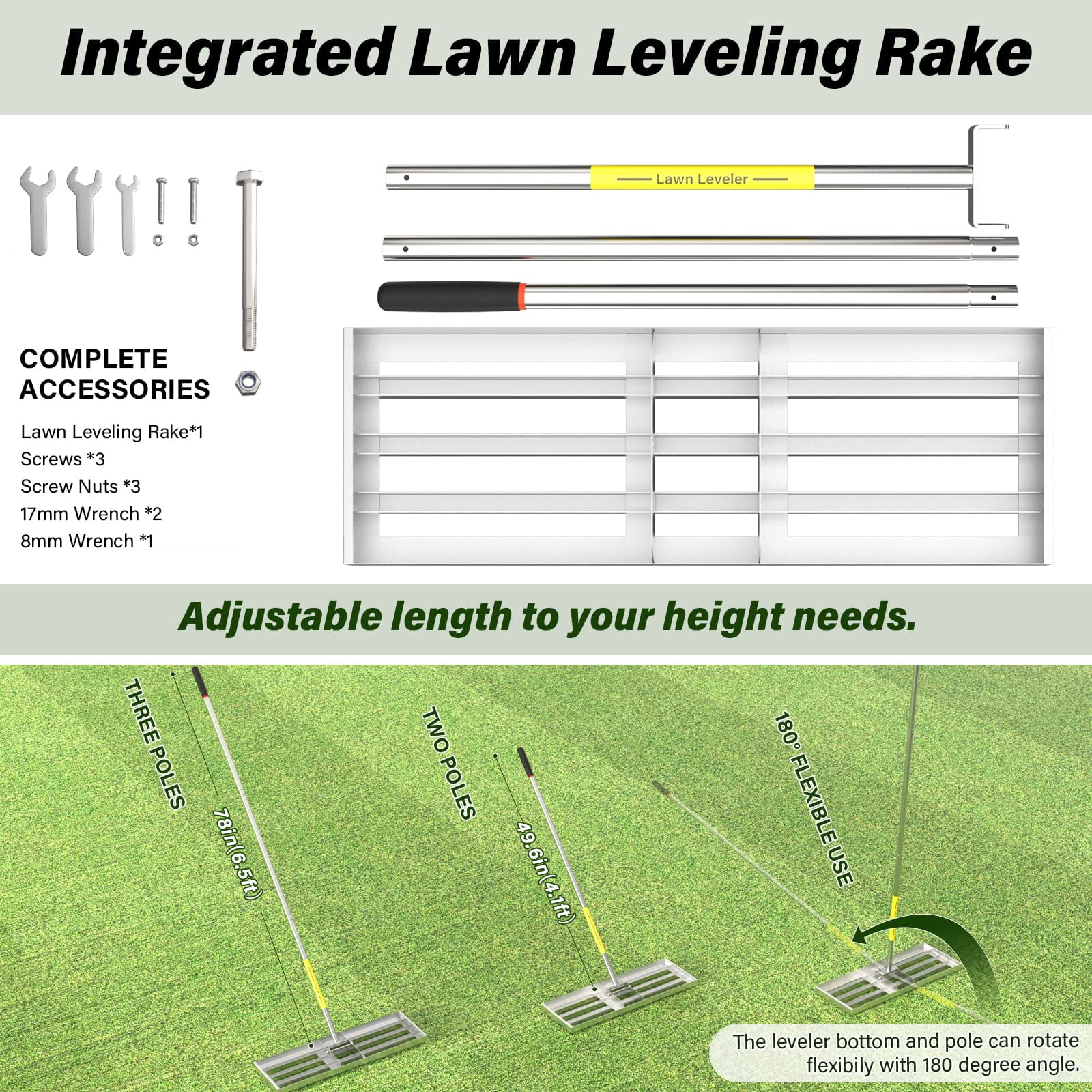 Lawn Leveling Rake, 30 x 10 inch Lawn Leveler Rake with Adjustable Stainless Steel Handle, Lawn Level Tool for Soil with Handle for Yard, Garden, Golf Leveling, 6.5FT