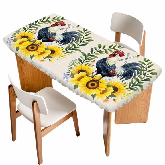 Sunflowers Rooster Table Cloths for 6 Foot Rectangle Tables, Watercolor Leaves Retro Art Rustic Patio Waterproof Elastic Fitted Tablecloths, Washable Rectangular Table Cover for Camping