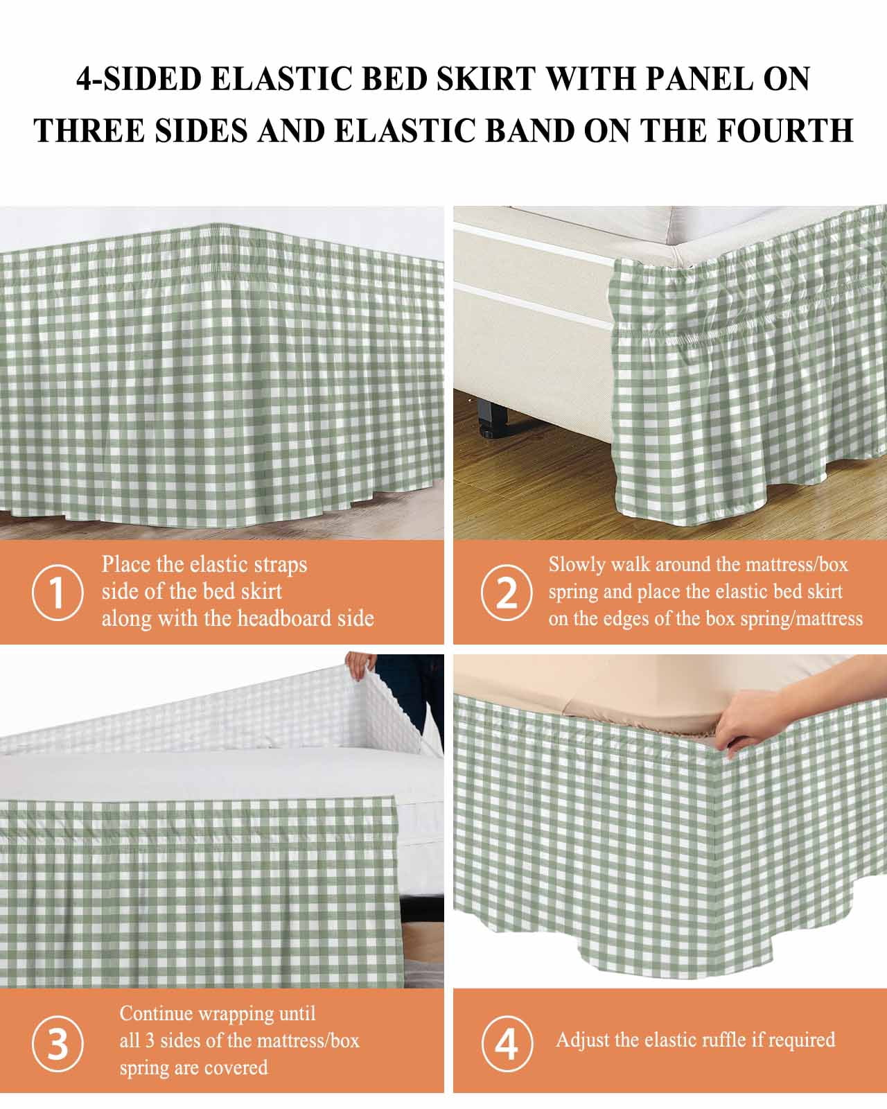 Sage Green Buffalo Plaid Bed Skirt Cal King Size, Farmhouse Green White Checkered Wrap Around Bed Skirting with Adjustable Elastic Strap, Dust Ruffled Pleated Bedskirts 16 Inch Drop for Bedroom Beds