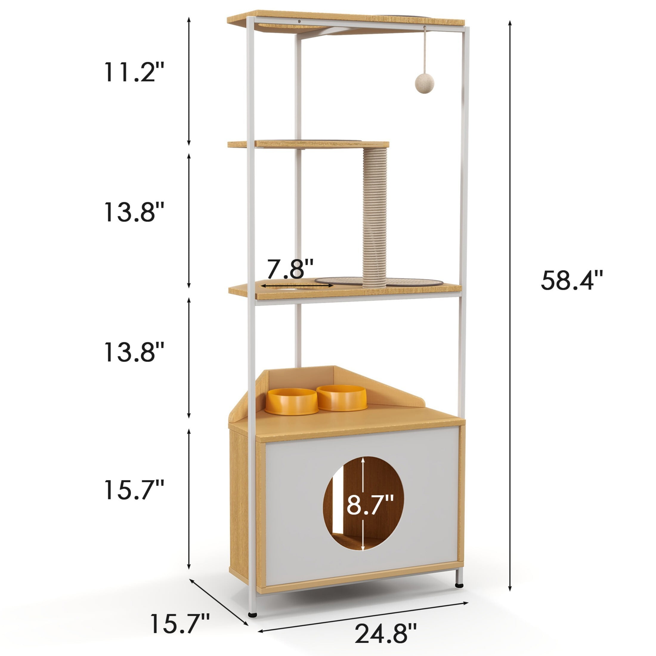 AENKYO 58.27 inch Indoor 5-level Cat Tree with Cat Nest and 2 Bowls, Cat Tower with Sisal Scratching Post, Light Oak