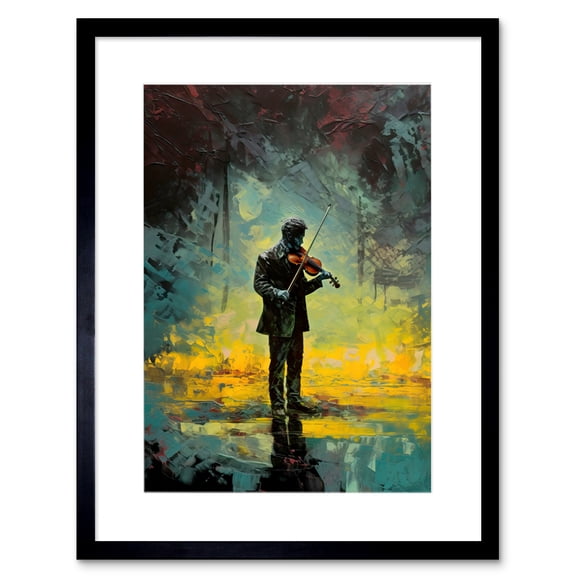 Street Musician Playing Violin After the Rain Artwork Framed Wall Art Print 9X7 Inch