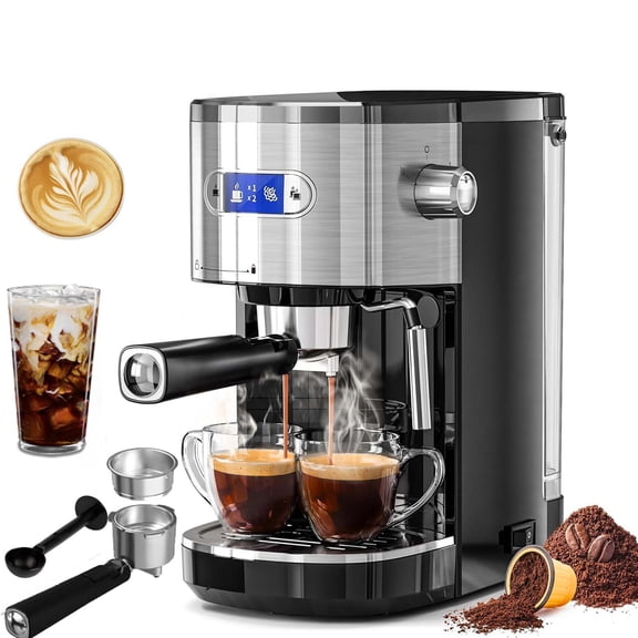 Auseo Espresso Coffee Maker with Milk Frother Steam Wand, 20 Bar Drip Coffee Machine Hot & Iced, 25s Heat-Up| 45 OZ Removable Water Tank for Brewing Cappuccino