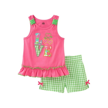 Kids Headquarters Infant Girls Set LOVE Shirt & Gingham Check Shorts Outfit