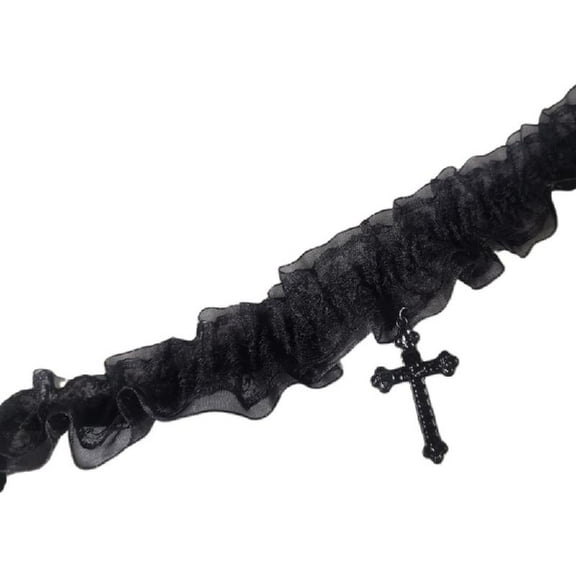 Exquisite Stretch Choker Double Lace Crucifix Pendant Necklace in Black or White