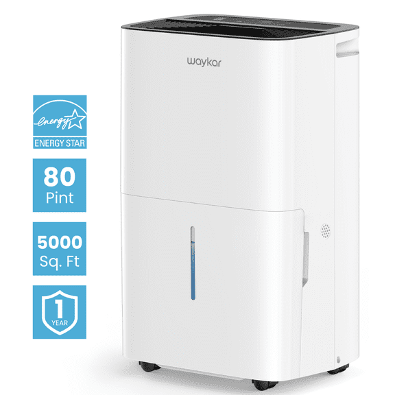Waykar 80 Pint Dehumidifier for Home & Basements, DOE 25 Pint Up to 5000 Sq. Ft, Energy Star, Continuous Drain Hose, Auto Defrost