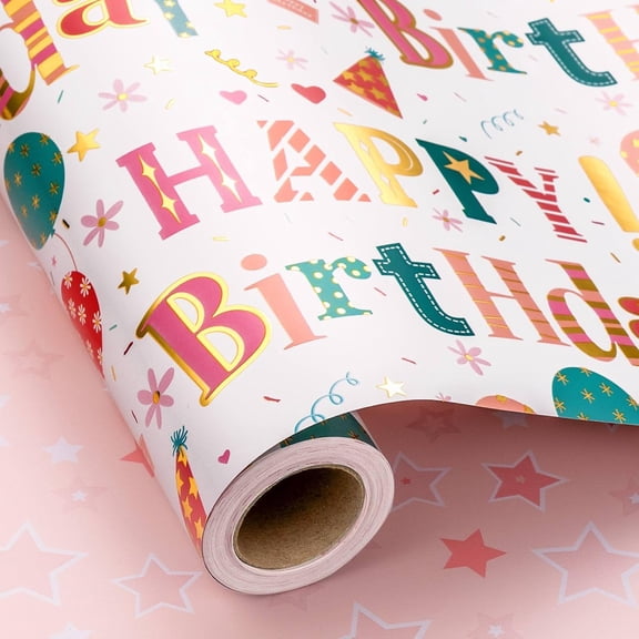 Reversible Colorful Wrapping Paper - Mini Roll - 17 In X 16.5 Ft(23.3 sq.ft.ttl.) Foil Happy Birthday Letter & Balloon Design for Birthday