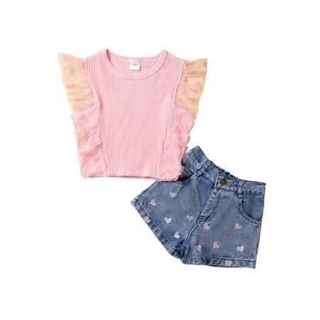

LAPAKIDS Toddler Kids Girls Summer Clothes Set T-Shirt Tops Printed Denim Shorts 2PCS Outfits 18-24 Months