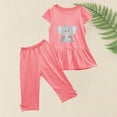 thumbnail image 4 of Clearance Under $10 Honeeladyy Girl's Summer Round Neck Small Print Short Sleeved Flying Sleeves Elastic Waist Cropped Pants Two-piece Set for Daily Wear(Pink,2-3 Years), 4 of 5