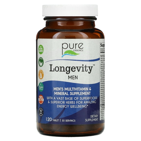 Longevity Men 50  Multivitamin - Whole Food Supplement with Superfoods, Minerals, Enzymes, Vitamin D, D3, B12, Biotin by Pure Essence - 120 Tablets