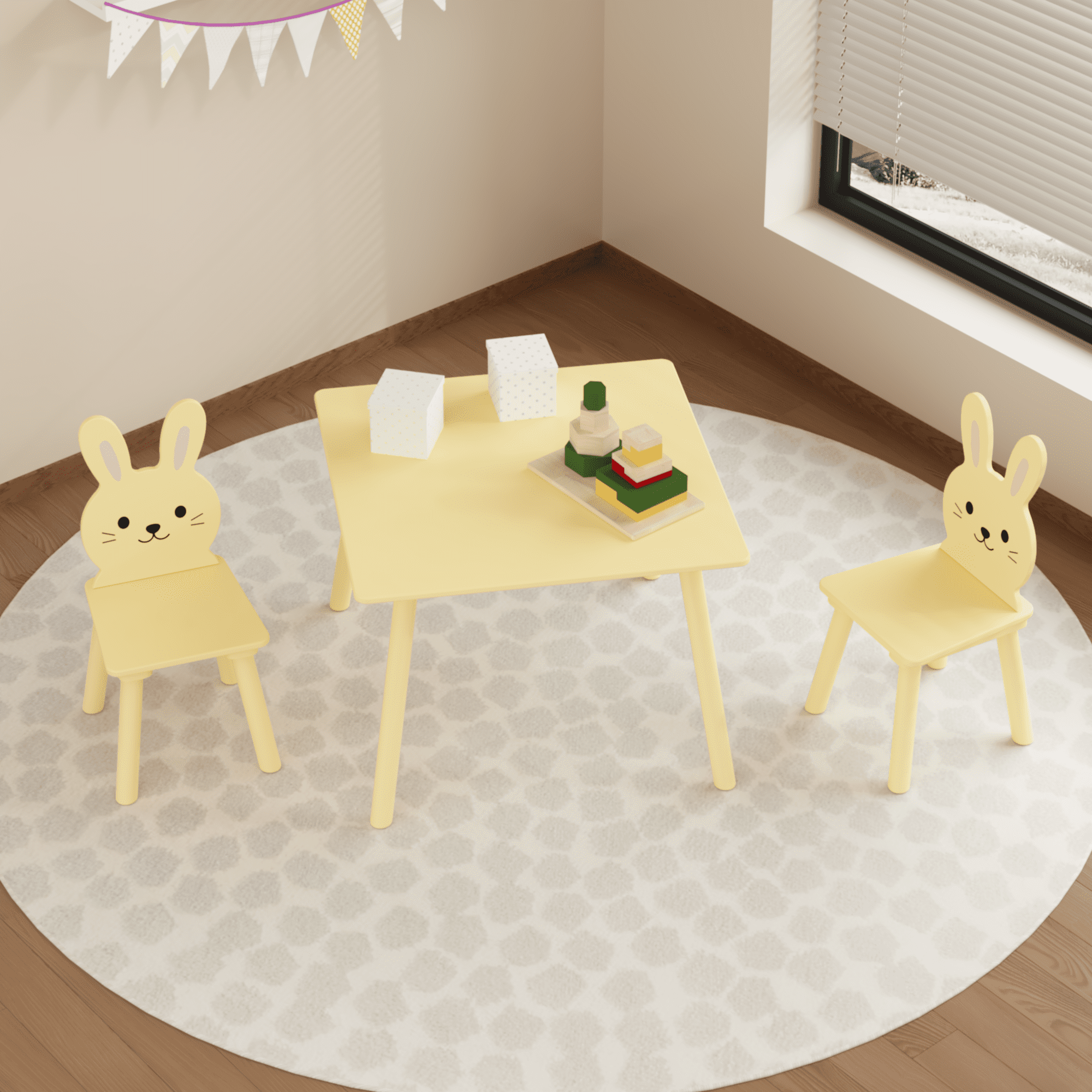 PORKISS Kids Table and 2 Bunny Chairs Set, 3 Pieces Wood Activity Table Drawing Play Table and Chairs Set, Adorable Animal Design Study Desk Table Chairs Set for Toddler, Yellow