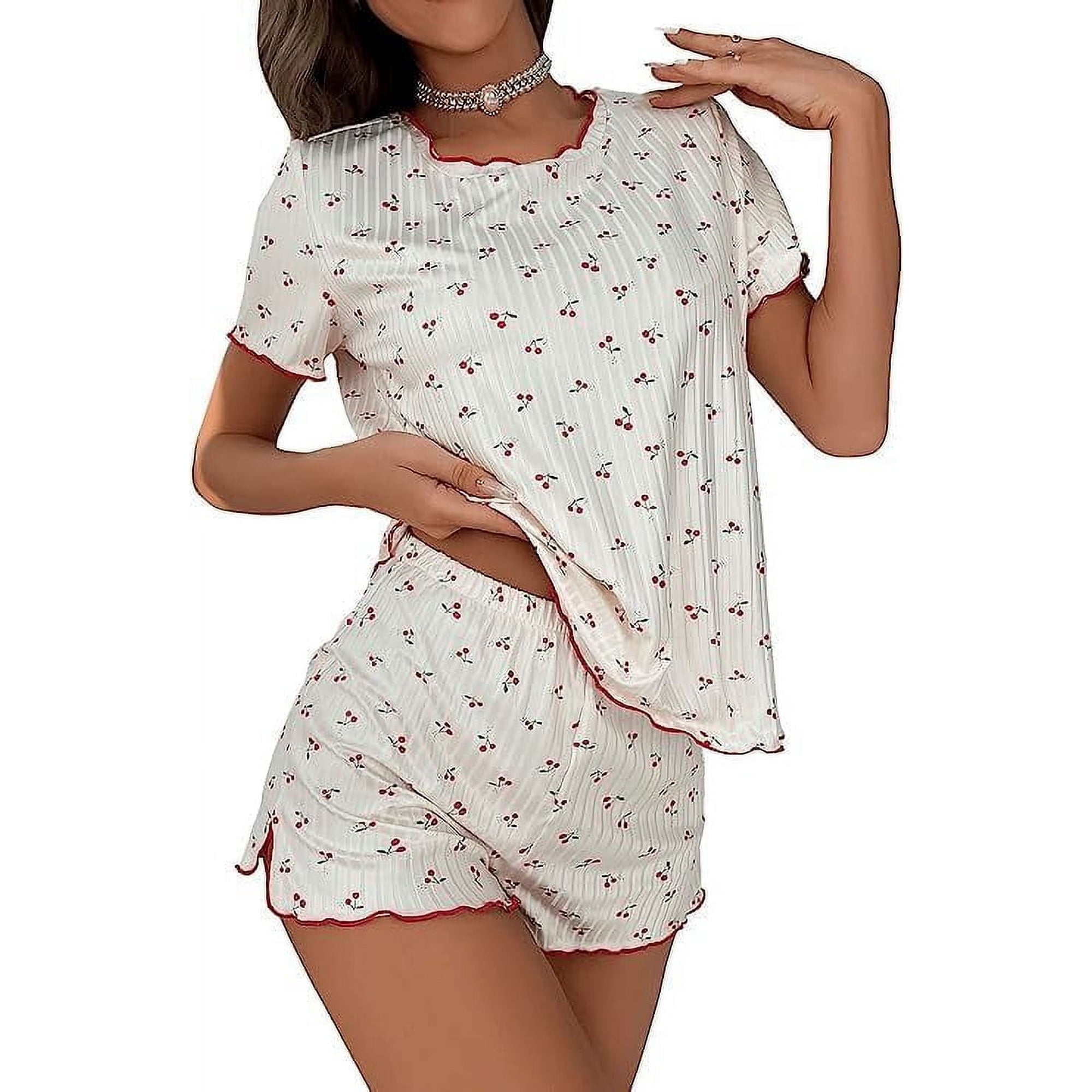 Pajama Set for Women Cute Print Short Sleeve Tee and Shorts Lounge Sleepwear