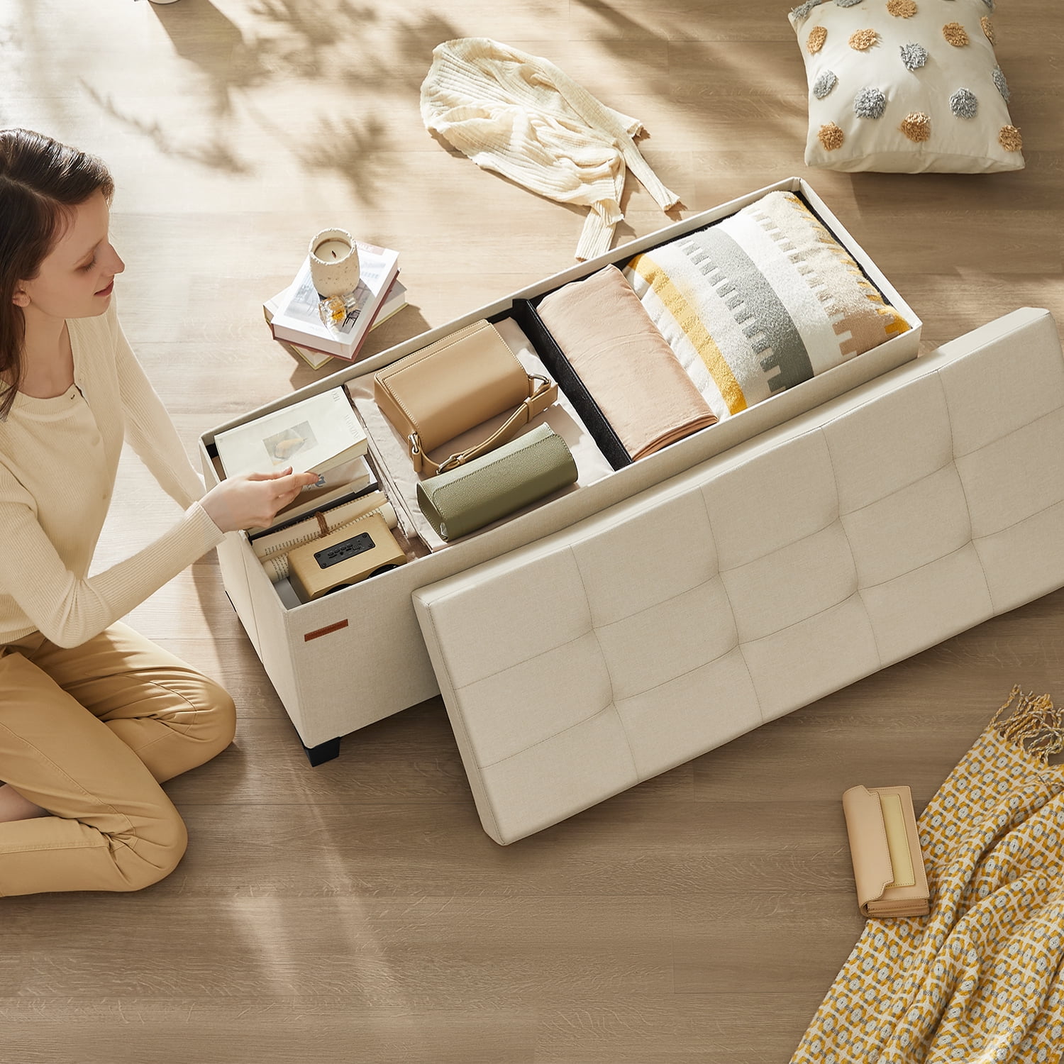 LEDREM 43" Storage Ottoman Bench with 660lb Capacity, End of Bed Bench, Folding Ottoman with Storage, Footrest, Cream White