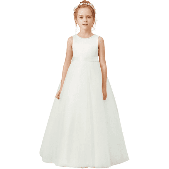 Flower Girls Dresses for Wedding Satin Tulle Princess Pageant Dress Kids Pearls Prom Ball Gowns with Bow-Knot Ivory (2 -3Years）