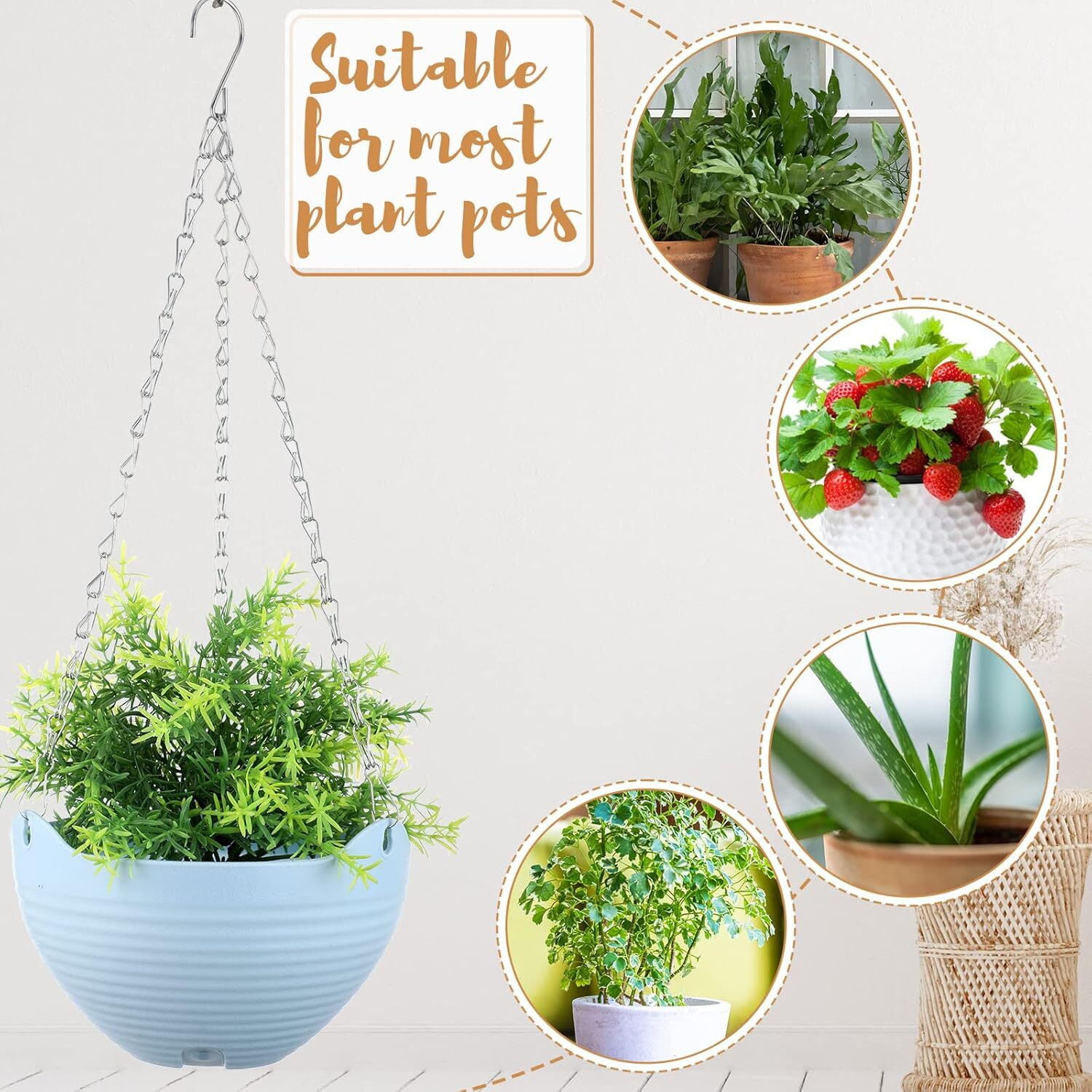 7 Pack Self Watering Hanging Planters Indoor Flower Pots, 8 Inch Outdoor Hanging Basket, Plant Hanger with Water Tray and Metal Chain for Garden Home (Random Color)