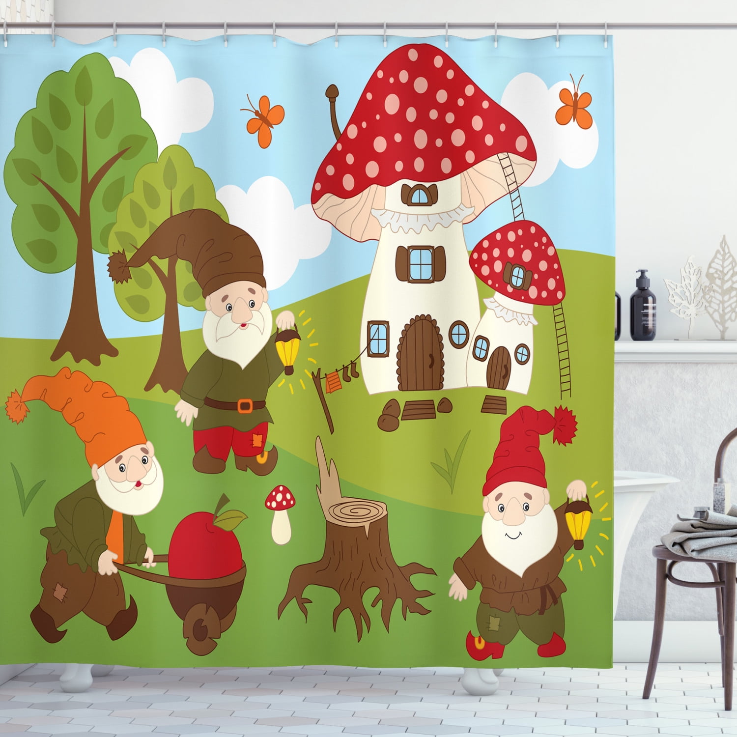 Ambesonne Gnome Shower Curtain, Elves Working in the Garden, 69"Wx84"L