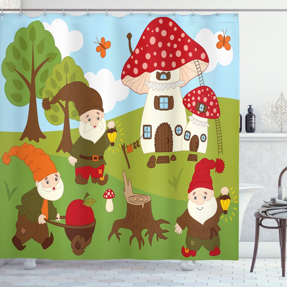 Gnome Shower Curtain, Elves Working in the Garden Amanita House Butterflies Forest Trees