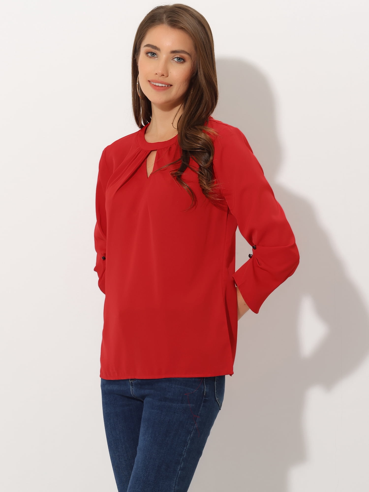 DARING DIVA Round Neck Keyhole Pleated Shirred Work Top L Red