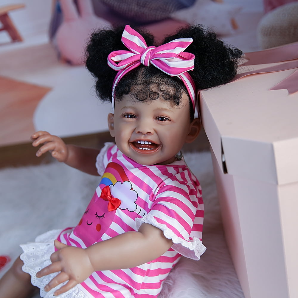 Nosadi 24" Reborn Baby Girl Dolls Black Skin Smile Face with Realisitc Silicone Limbs Filling with PP Cotton Birthday Gift for 3+ Years
