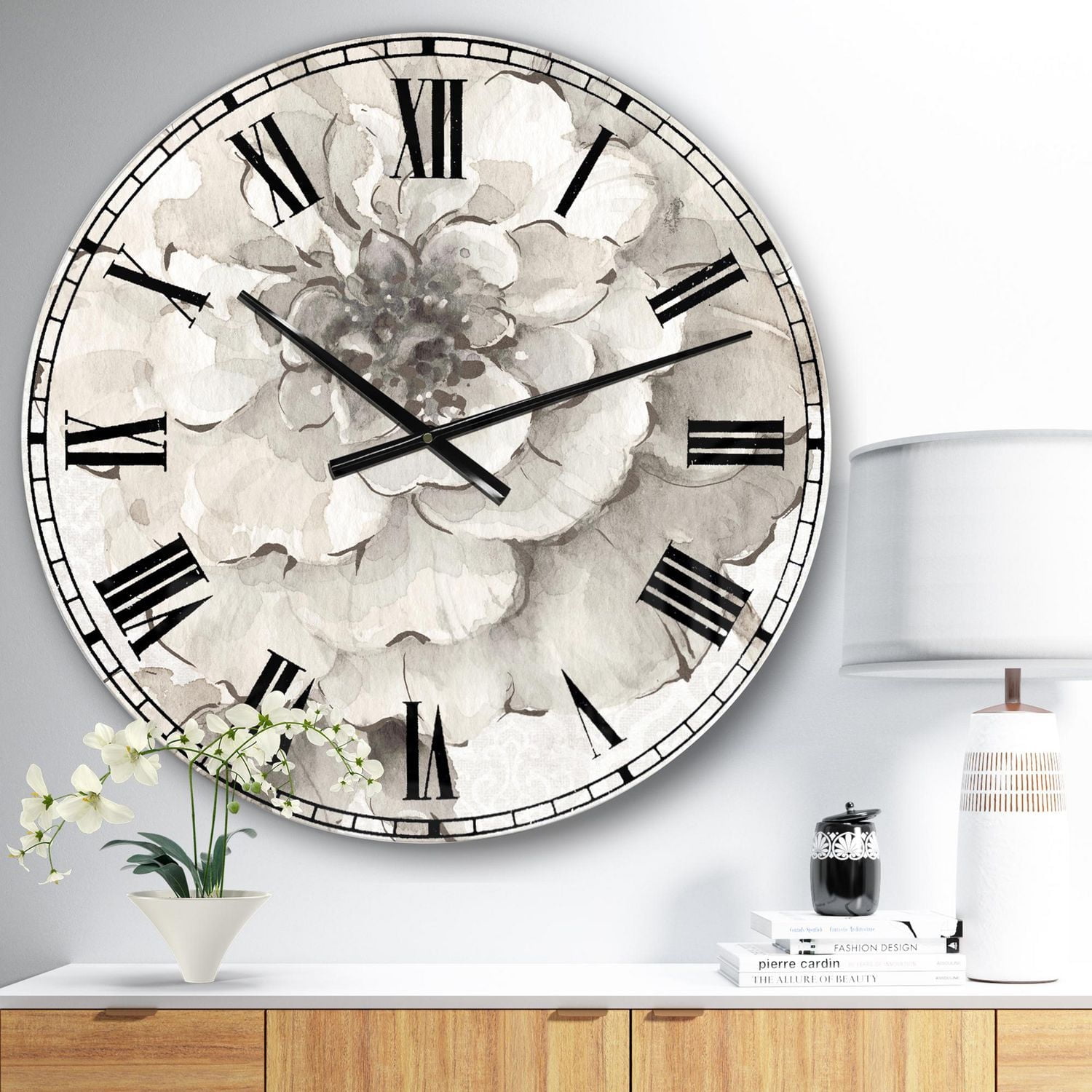 Designart 'Indigold Grey Peonies I' Traditional wall clock