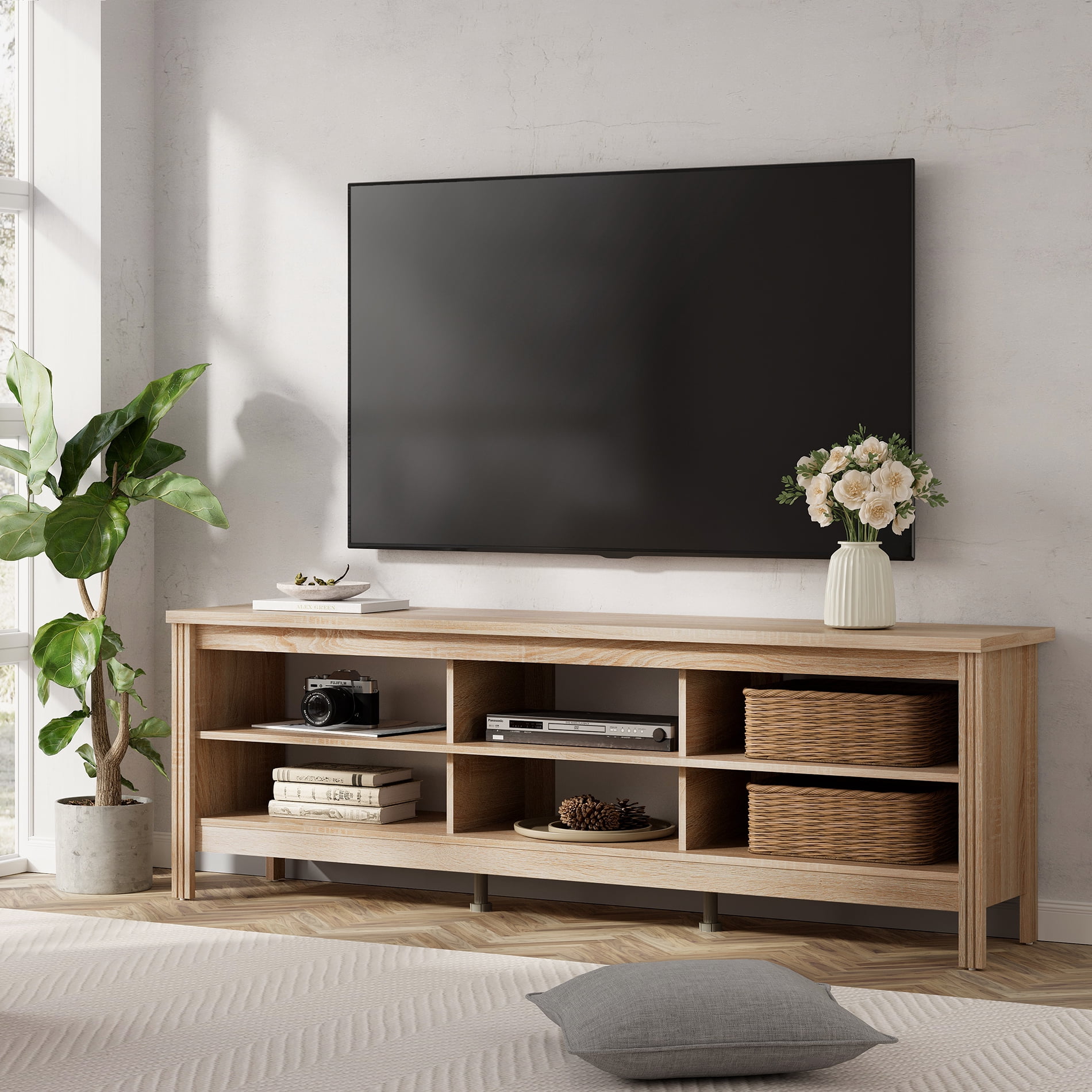 Farmhouse TV Stand for 75 inch TV, Wood Entertainment Center with 6 Storage Shelf for Living Room, Bedroom, Oak