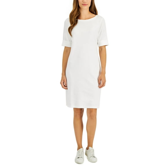 Karen Scott Petite Cotton Boat Neck Elbow Sleeve Dress Winter Moss PM