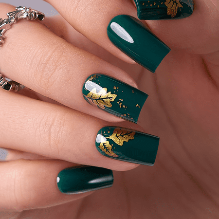 CurvLife Forest Gold Foliage Press-On Nails - 30PCS, Square, Easy Apply, Non-Toxic & Reusable