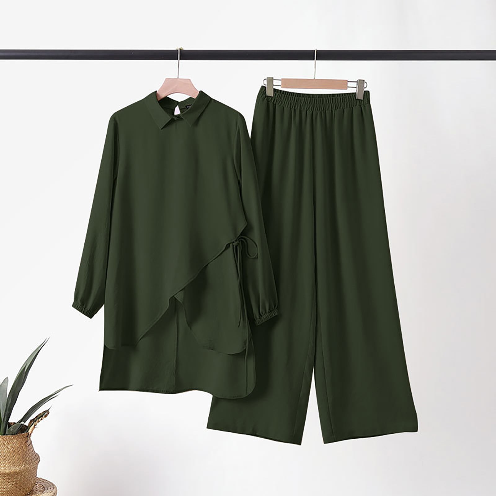 Womens Plus Size Loungewear Sets S-5X Casual Long Sleeve Shirts Wide Leg Pants 2 Piece Loose Solid Comfort Going Out Pant Suits Outfits